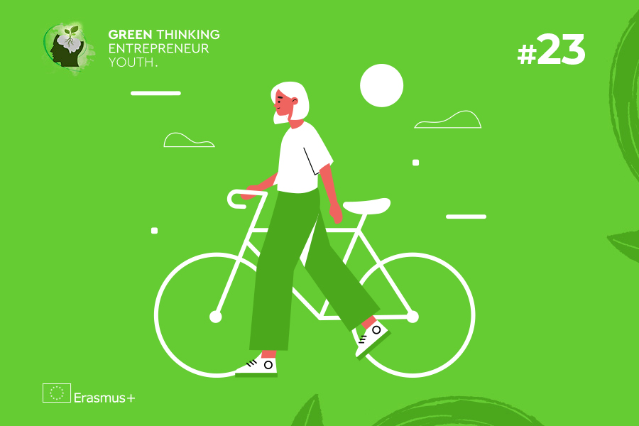 na obrazku człowiek prowadący rowe; projekt green thinking entrepreneur youth; erasmus plus